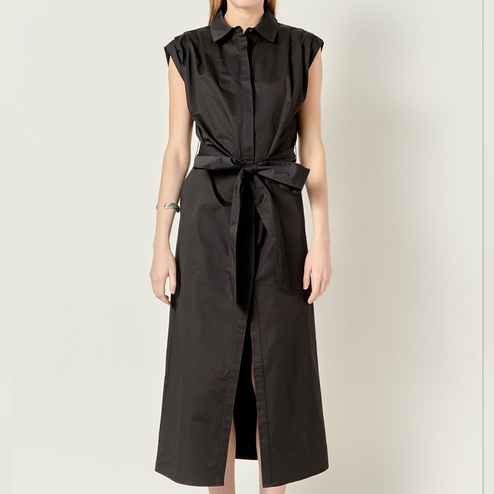 NWT - English Factory Cotton Sable Shoulder Pleated Black Midi Shirtdress-Size L
